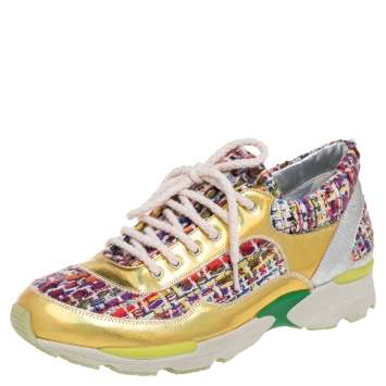 Pre Owned Chanel Multicolor Tweed Fabric And Holographic Leather CC Sneakers Size 37.5