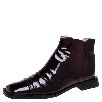 Pre Owned Chanel Burgundy Patent Leather Elastic Ankle Boots Size 37.5
