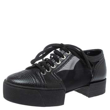 Pre Owned Chanel Black Leather And Mesh Platform Low Top Sneakers Size 36