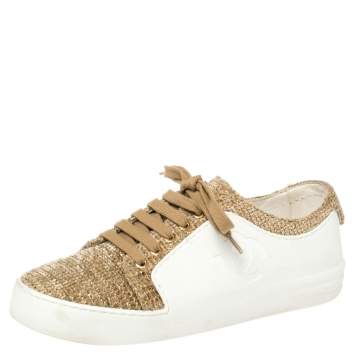 Pre Owned Chanel White Leather/Tweed CC Low Top Sneakers Size 37.5