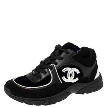 Pre Owned Chanel Blue/Black Velvet, Suede And Leather CC Low Top Sneakers Size 40