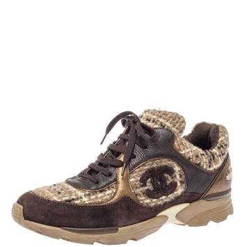 Pre Owned Chanel Brown Woolen Tweed and Metallic Leather CC Lace Up Sneakers Size 41