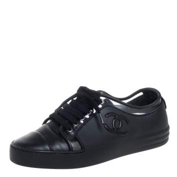 Pre Owned Chanel Black Rubber and Leather CC Low Top Sneakers Size 36.5