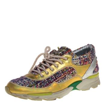 Pre Owned Chanel Multicolor Tweed Fabric And Patent Leather CC Lace Up Sneakers Size 39