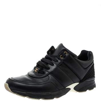 Pre Owned Chanel Black Leather And Satin Athletic CC Lace Up Sneakers Size 40
