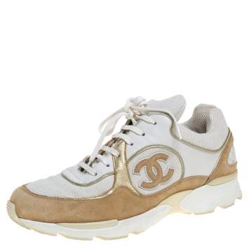 Pre Owned Chanel White/Beige Mesh And Suede CC Low Top Sneakers Size 40.5