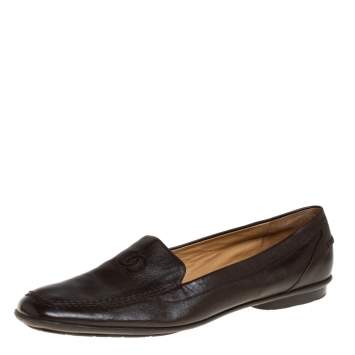 Pre Owned Chanel Brown Leather CC Square Toe Loafers Size 40.5