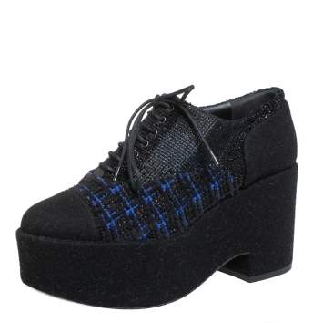 Pre Owned Chanel Black/Blue Wool And Tweed Cap Toe Platform Oxfords Size 36.5