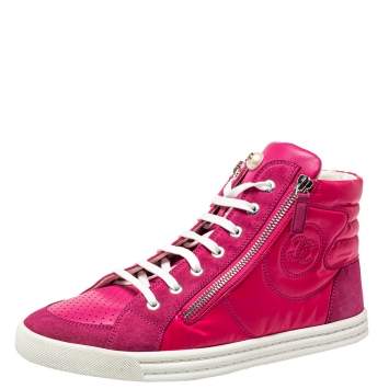 Pre Owned Chanel Pink Leather CC Double Zip Accent High Top Sneakers Size 41