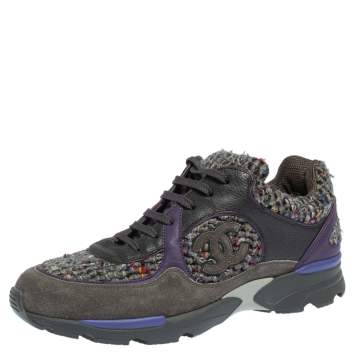 Pre Owned Chanel Multicolor Tweed, Leather and Suede CC Lace Up Sneakers Size 40.5