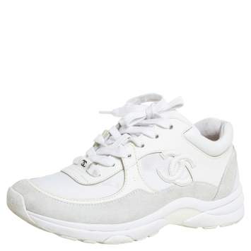 Pre Owned Chanel White Leather And Nylon CC Low Top Sneakers Size 36