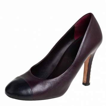 Pre Owned Chanel Burgundy/Black Leather Cap Toe Pearl Embellished Heels Pumps Size 39.5