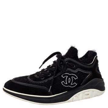 Pre Owned Chanel Black Suede And Fabric CC Low Top Sneakers Size 41