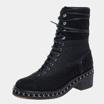 Chanel Black Tweed And Suede  Combat Boots Size 39