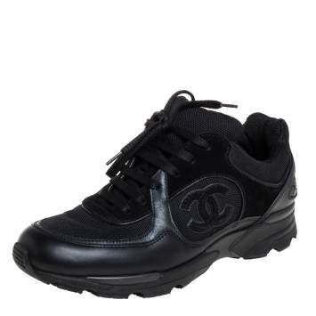 Pre Owned Chanel Black Mesh And Leather CC Low Top Sneakers Size 37.5
