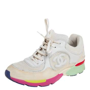 Pre Owned Chanel Multicolor Mesh, Suede, and Leather CC Lace Up Sneakers Size 38.5