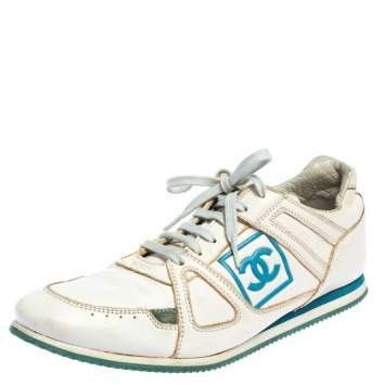 Pre Owned Chanel White Leather Lace Up  Sneakers Size 39