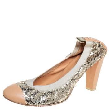 Pre Owned Chanel Gold/Beige Leather and Sequin Embellished Cap Toe Scrunch Pumps Size 40