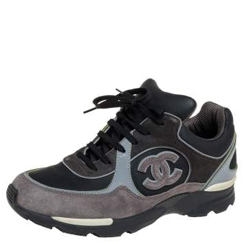 Pre Owned Chanel Grey/Black Suede And Leather CC Low Top Sneakers Size 38