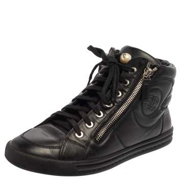 Pre Owned Chanel Black Leather CC High Top Sneakers Size 38.5