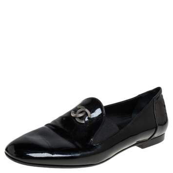 Pre Owned Chanel Black Patent Leather CC Smoking Slippers Size 37.5