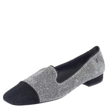 Pre Owned Chanel Silver/Black Lurex Fabric Square Cap Toe Smoking Slippers Size 38