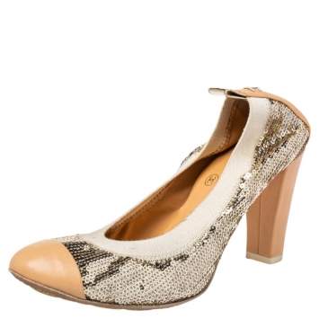 Pre Owned Chanel Gold/ Beige Leather And Sequin CC Pumps Size 35.5