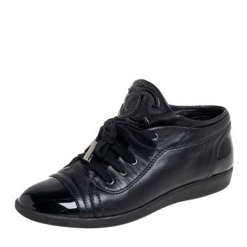 Pre Owned Chanel Black Patent And Leather CC Sneakers Size 35.5