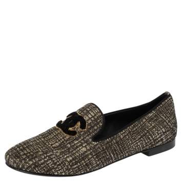 Pre Owned Chanel Shimmery Black Fabric CC Smoking Slippers Size 36.5