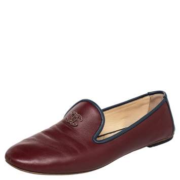 Pre Owned Chanel Burgundy/Blue Leather CC Smoking Slippers Size 40