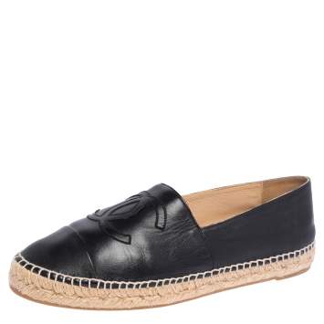 Pre Owned Chanel Black Leather CC Cap Toe Espadrille Flats Size 42