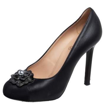 Pre Owned Chanel Black Leather Camellia Embellished Pumps Size 37.5