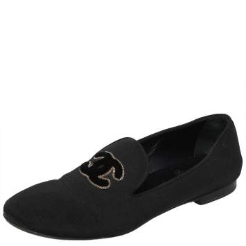 Pre Owned Chanel Black Canvas CC Smoking Slippers Size 37.5