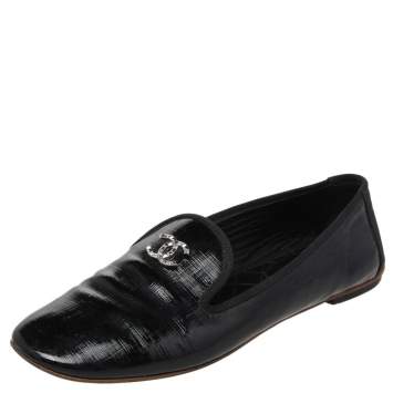 Pre Owned Chanel Black Patent Leather CC Smoking Slippers Size 37.5