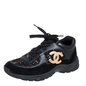 Pre Owned Chanel Black Tweed and Leather Low Top Sneakers Size 38