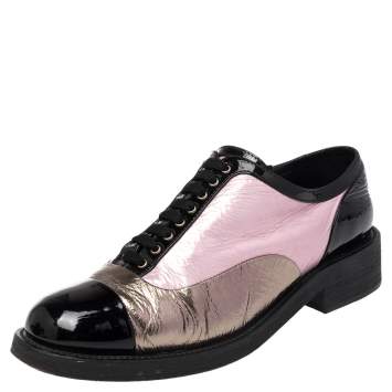 Pre Owned Chanel Tri Color Patent And Leather Cap Toe Lace-up Oxfords Size 40.5