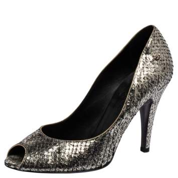 Pre Owned Chanel Silver Metallic Python Peep Toe Pumps Size 36.5