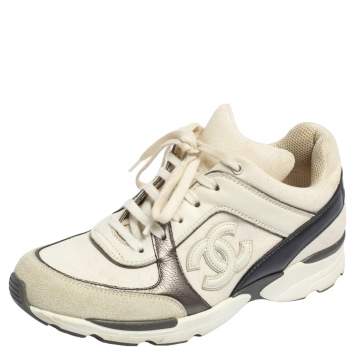 Pre Owned Chanel Grey/White  Leather And Canvas  CC Lace Up Sneakers Size 36.5