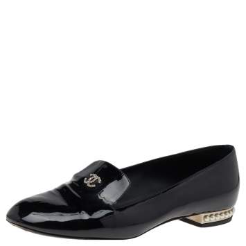 Pre Owned Chanel Black Patent Leather CC Pearl Embellished Smoking Loafers Size 37.5
