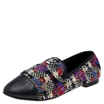 Pre Owned Chanel Multicolor Printed Tweed And Leather Loafers Size 40