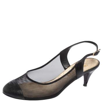 Pre Owned Chanel Black Mesh And and Lizard CC Cap Toe Slingback Sandals Size 36.5
