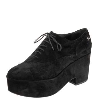 Pre Owned Chanel Black Suede CC Cap Toe Wedge Oxford Size 41