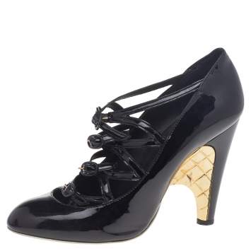 Pre Owned Chanel Black Patent Leather Cage Heel Strappy Pumps Size 39.5