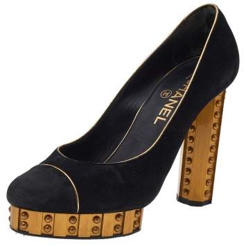 Pre Owned Chanel Black/Gold Suede Platform Pumps Size 38.5