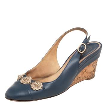 Pre Owned Chanel Navy Blue Leather CC Cap Toe Wedge Slingback Sandals Size 37