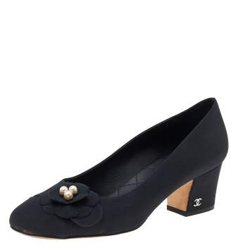 Pre Owned Chanel Black Fabric Camellia CC Block Heel Pumps Size 37.5