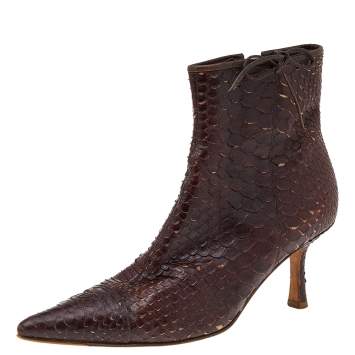 Chanel Dark Brown Python Leather Pointed Toe Ankle Length Boots Size 38.5
