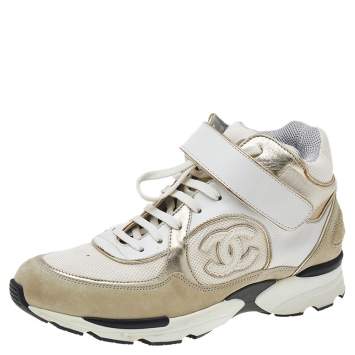 Pre Owned Chanel White/Beige CC High Top Sneakers Size 38