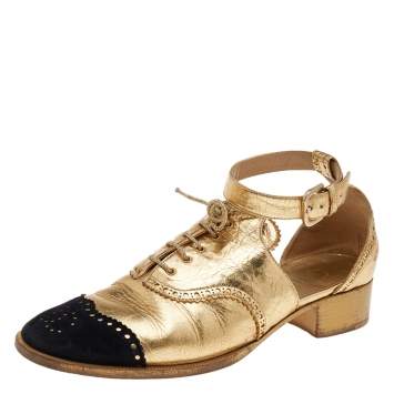 Pre Owned Chanel Gold/Black Suede And Leather CC Ankle Strap Lace-Up Sandals Size 39.5