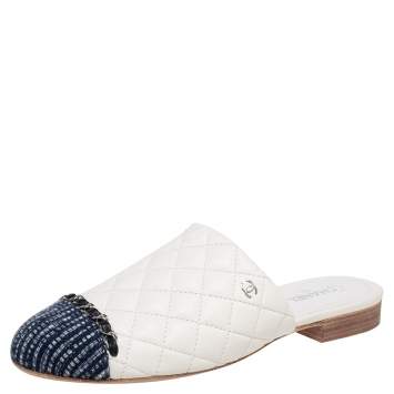 Pre Owned Chanel White//Black Quilted Leather And Grosgrain Fabric Mules Flats Sandals Size 38